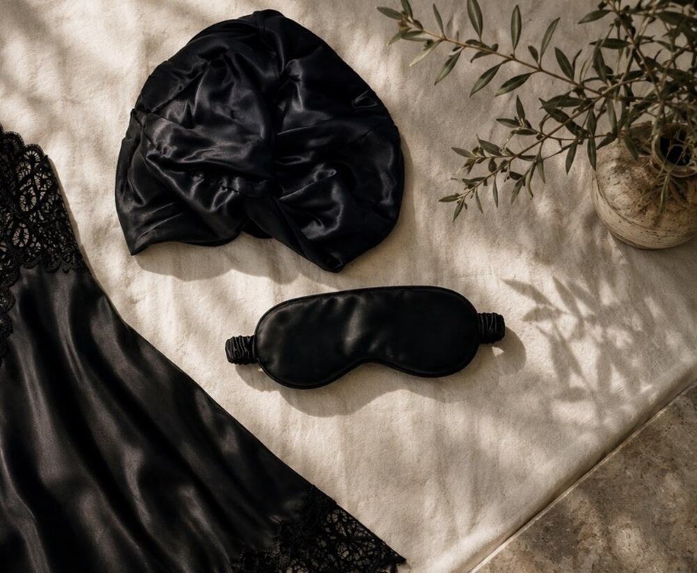 SLIP New York 100% Silk Sleep Set Eye Mask Turban 2 Pc Gift Set Never Used Black